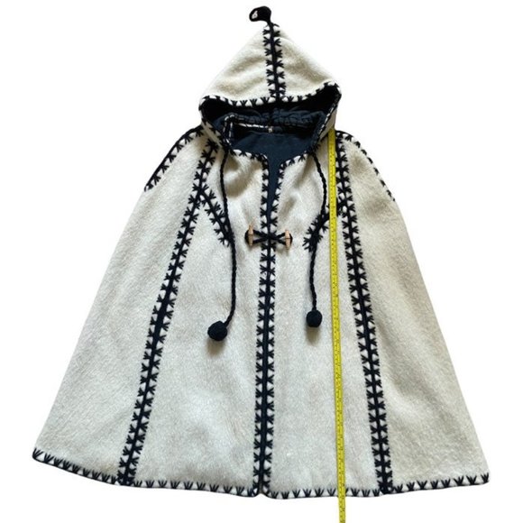 Vintage Boho Cape | White Black Embroidered Trim Warm Nordic Wool Hooded Poncho - Picture 8 of 9